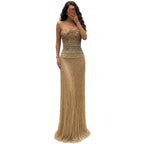 Gold Crystal Beaded Tassel Strapless Column Evening Dress LA73973