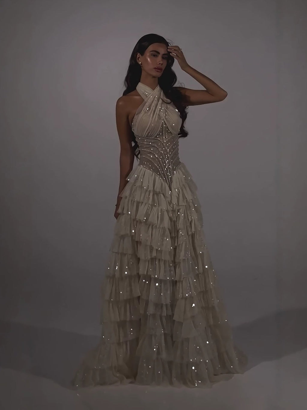 Beige Beaded Halter Tiered Ruffle A Line Evening Dress LA73977