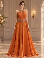 Luxury Orange Beaded Halter A Line Evening Gown LA73979