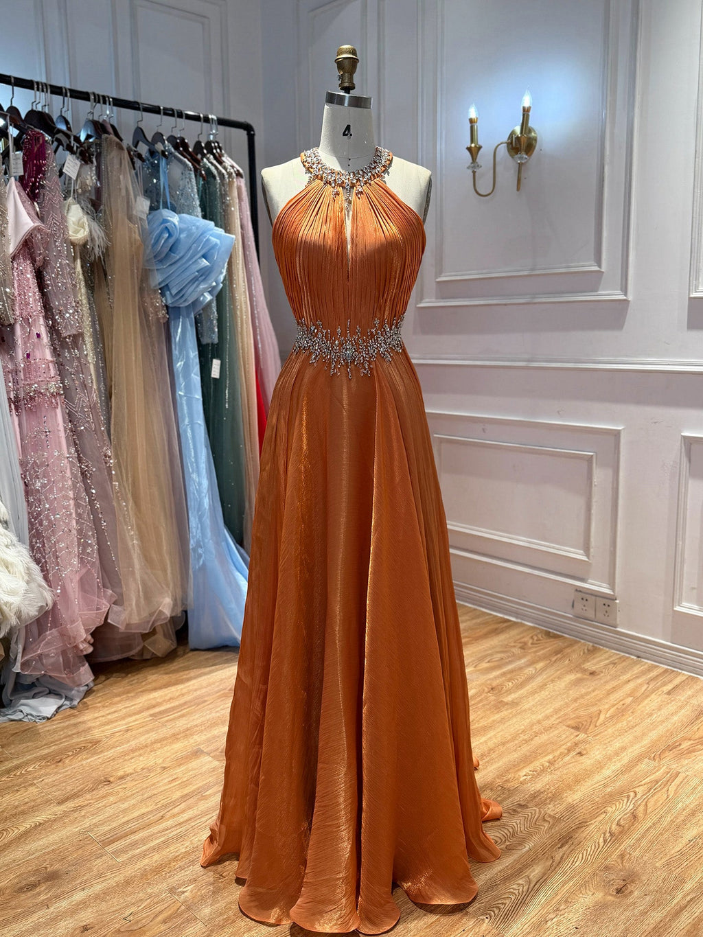 Luxury Orange Beaded Halter A Line Evening Gown LA73979