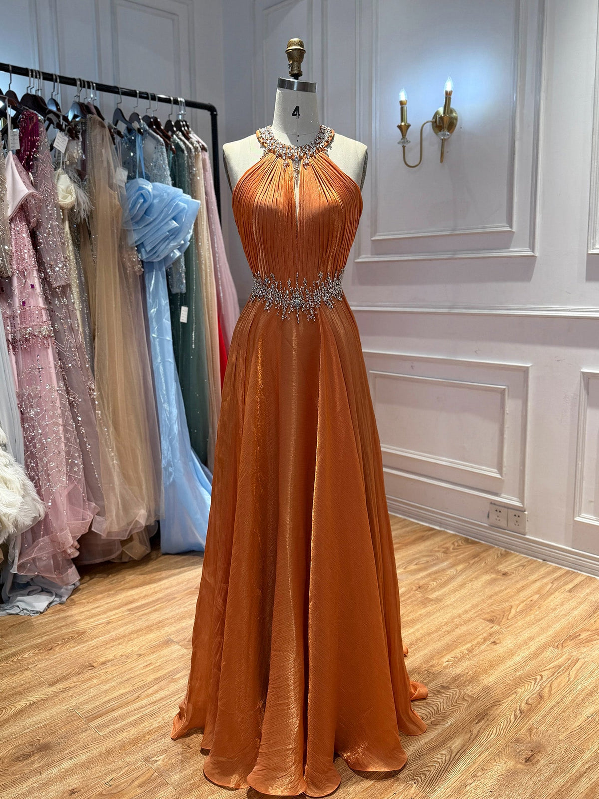 Luxury Orange Beaded Halter A Line Evening Gown LA73979