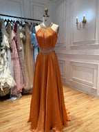 Luxury Orange Beaded Halter A Line Evening Gown LA73979