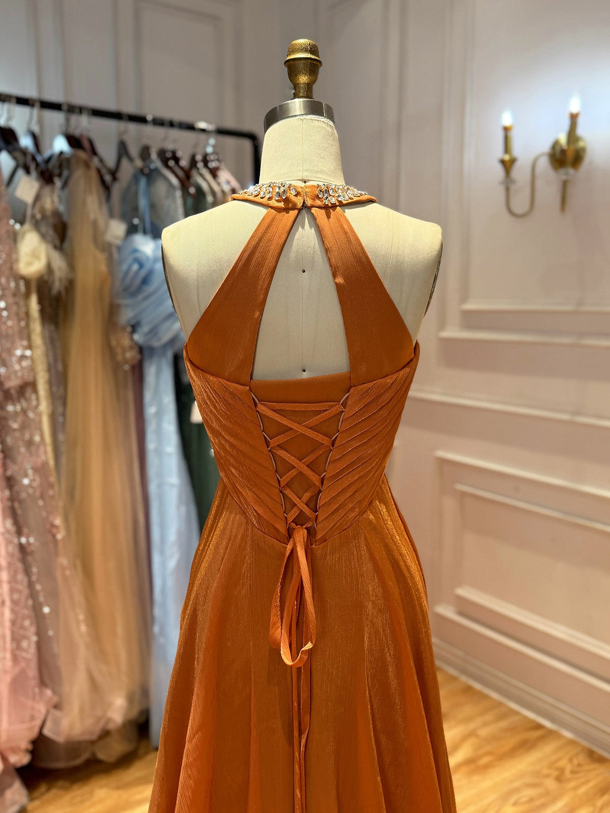 Luxury Orange Beaded Halter A Line Evening Gown LA73979