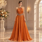 Luxury Orange Beaded Halter A Line Evening Gown LA73979