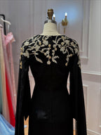 Black Beaded Embellished Cape Sleeves Evening Gown LA73980