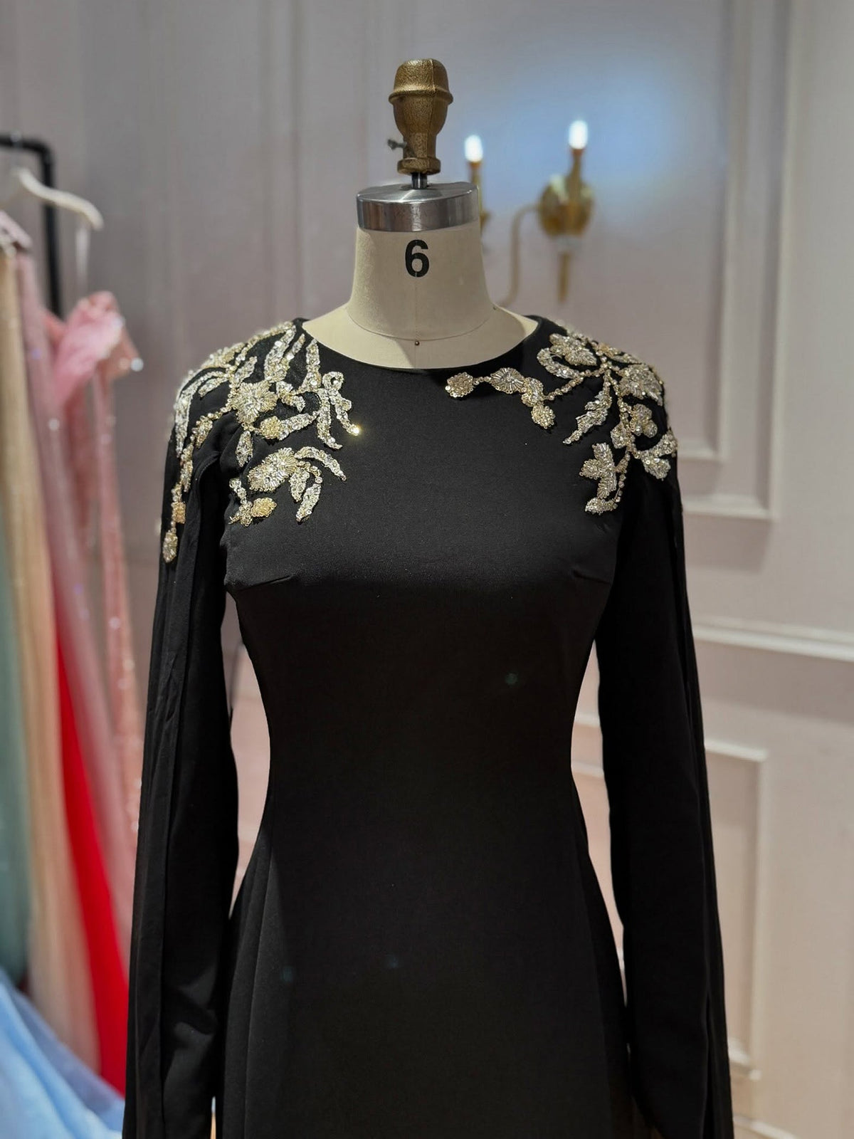 Black Beaded Embellished Cape Sleeves Evening Gown LA73980