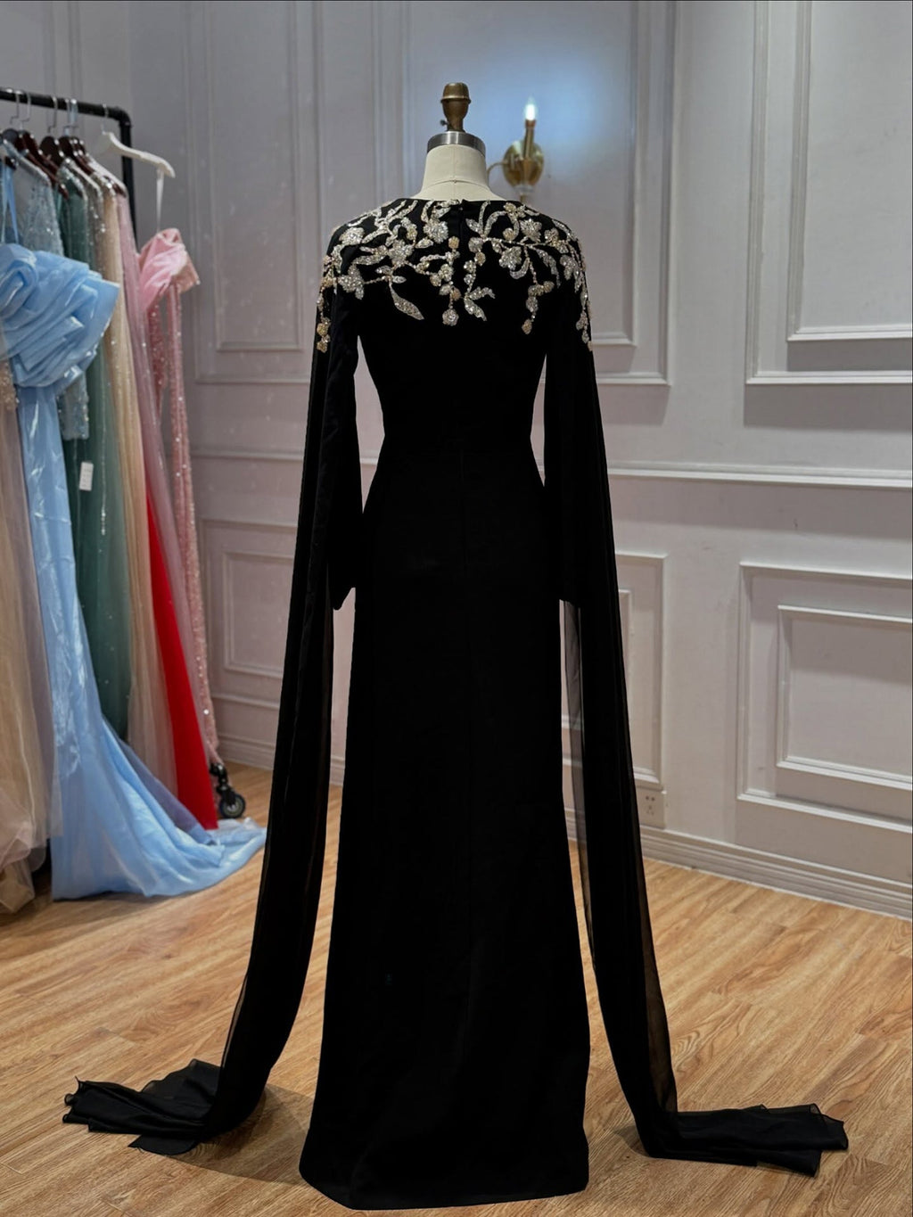 Black Beaded Embellished Cape Sleeves Evening Gown LA73980