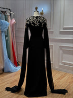 Black Beaded Embellished Cape Sleeves Evening Gown LA73980