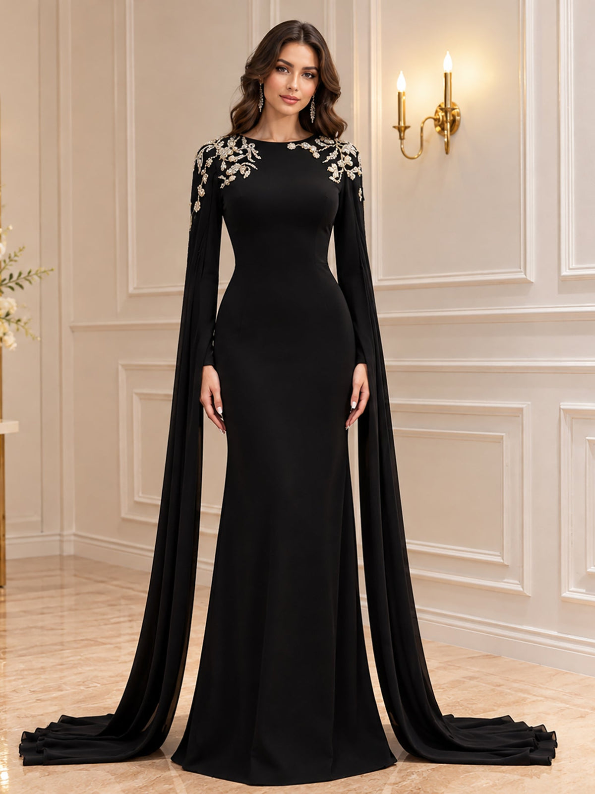 Black Beaded Embellished Cape Sleeves Evening Gown LA73980