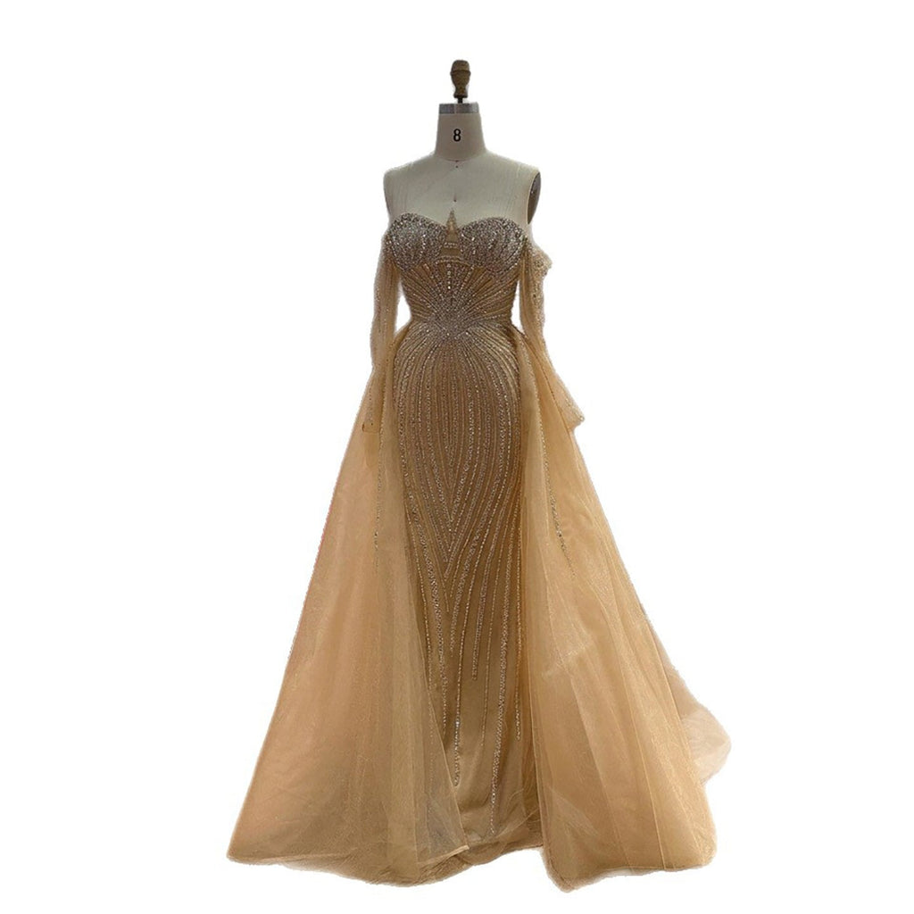 Luxury Nude Beaded Off Shoulder Mermaid Evening Gown LA73982
