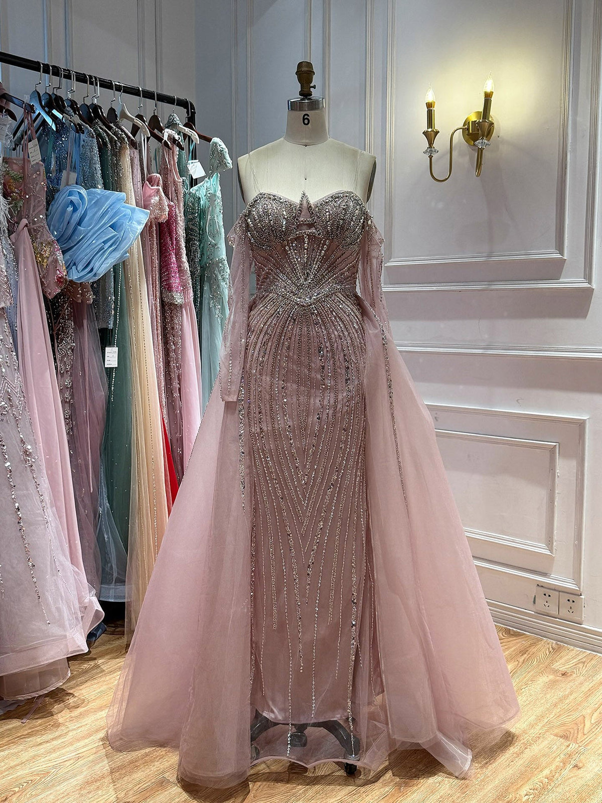Luxury Nude Beaded Off Shoulder Mermaid Evening Gown LA73982
