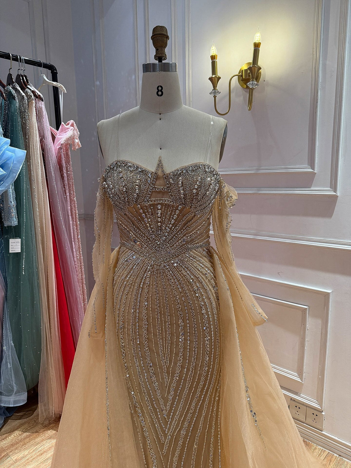 Luxury Nude Beaded Off Shoulder Mermaid Evening Gown LA73982