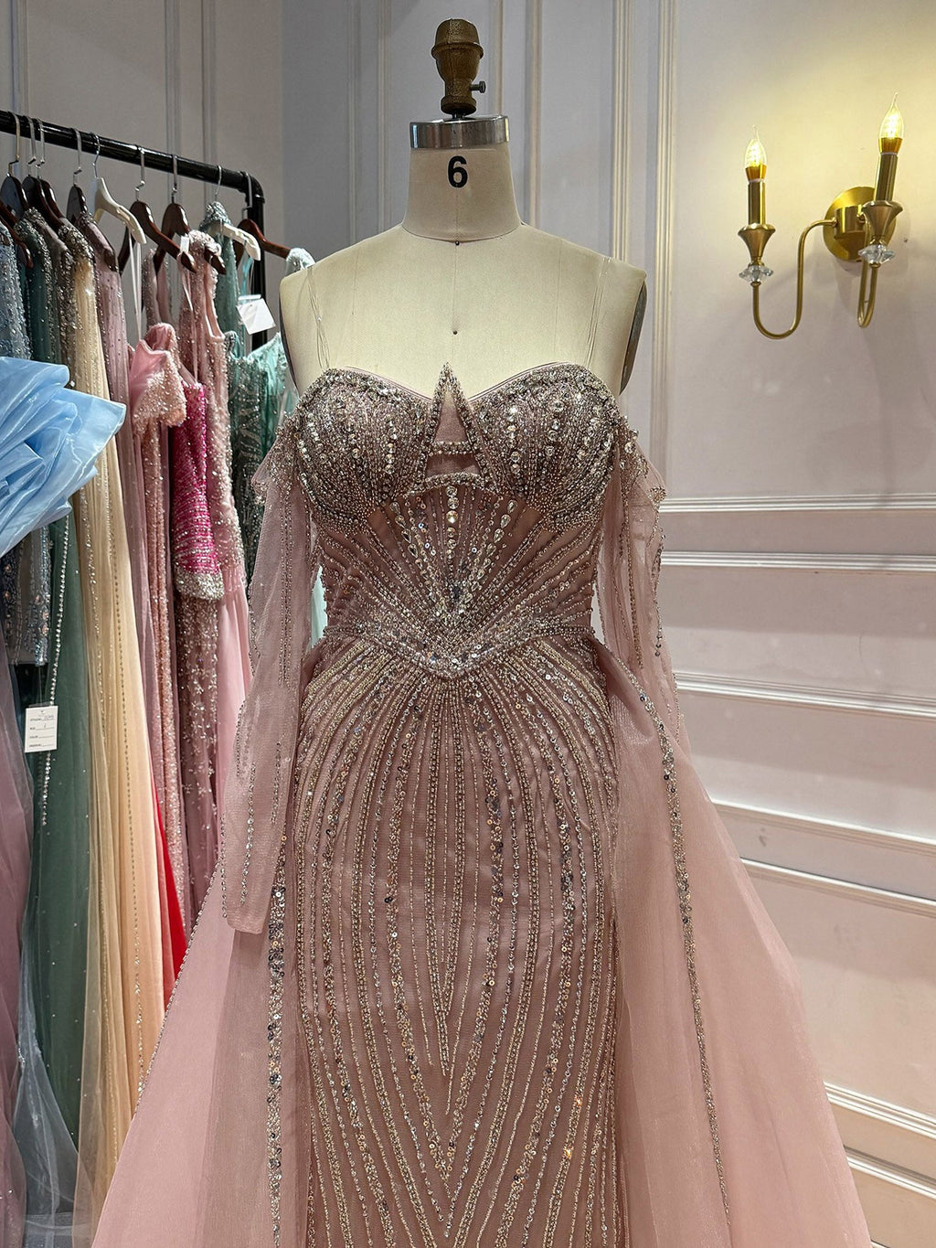 Luxury Nude Beaded Off Shoulder Mermaid Evening Gown LA73982