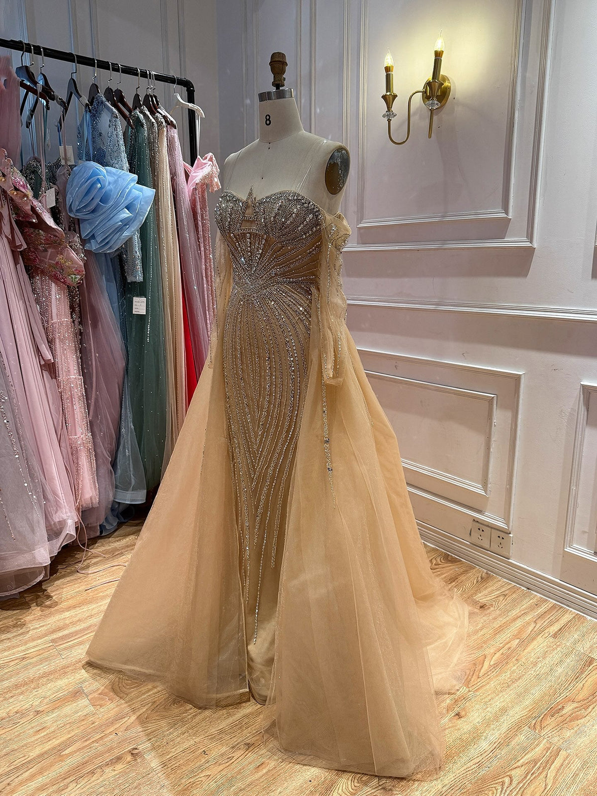 Luxury Nude Beaded Off Shoulder Mermaid Evening Gown LA73982
