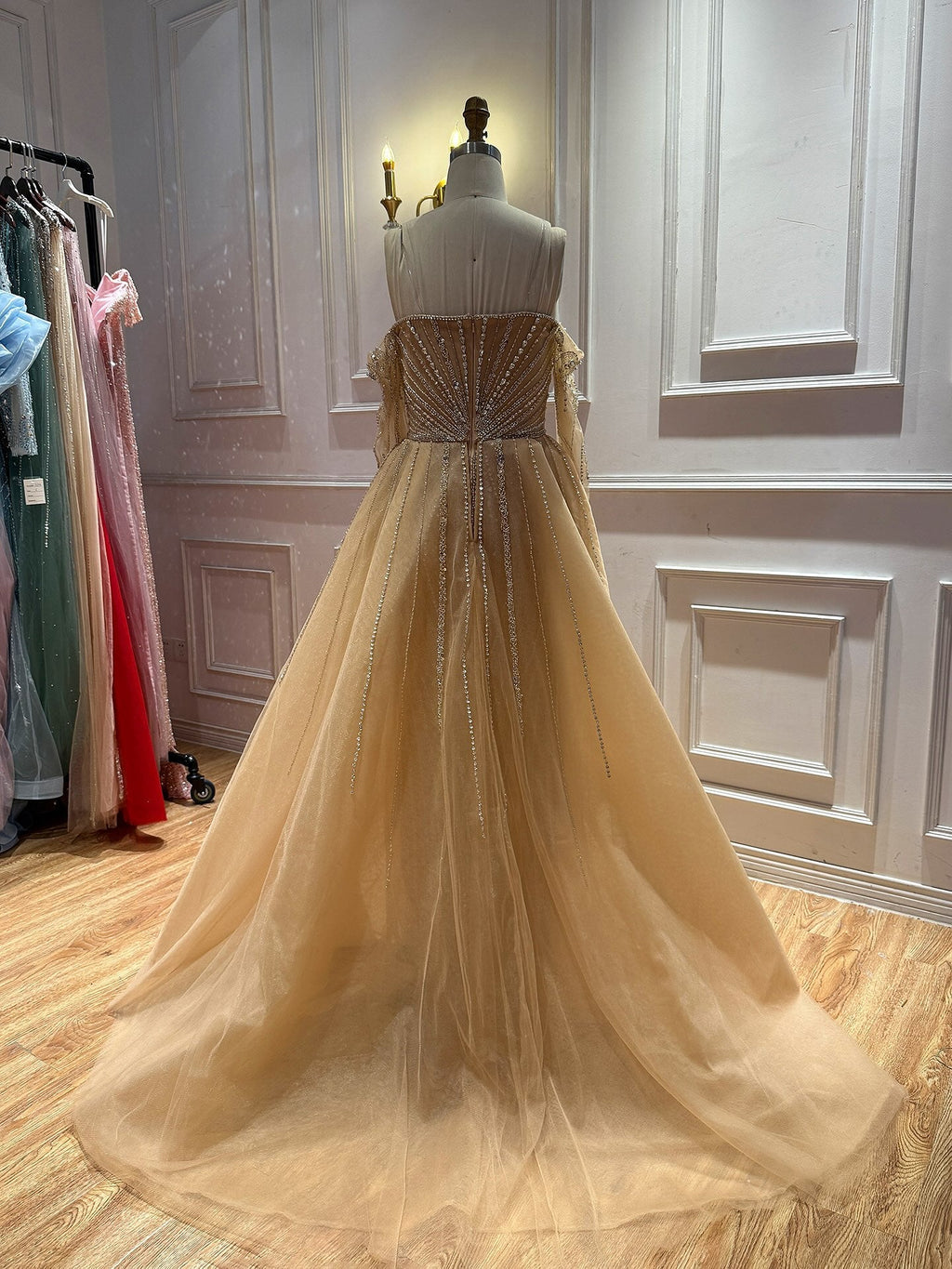 Luxury Nude Beaded Off Shoulder Mermaid Evening Gown LA73982