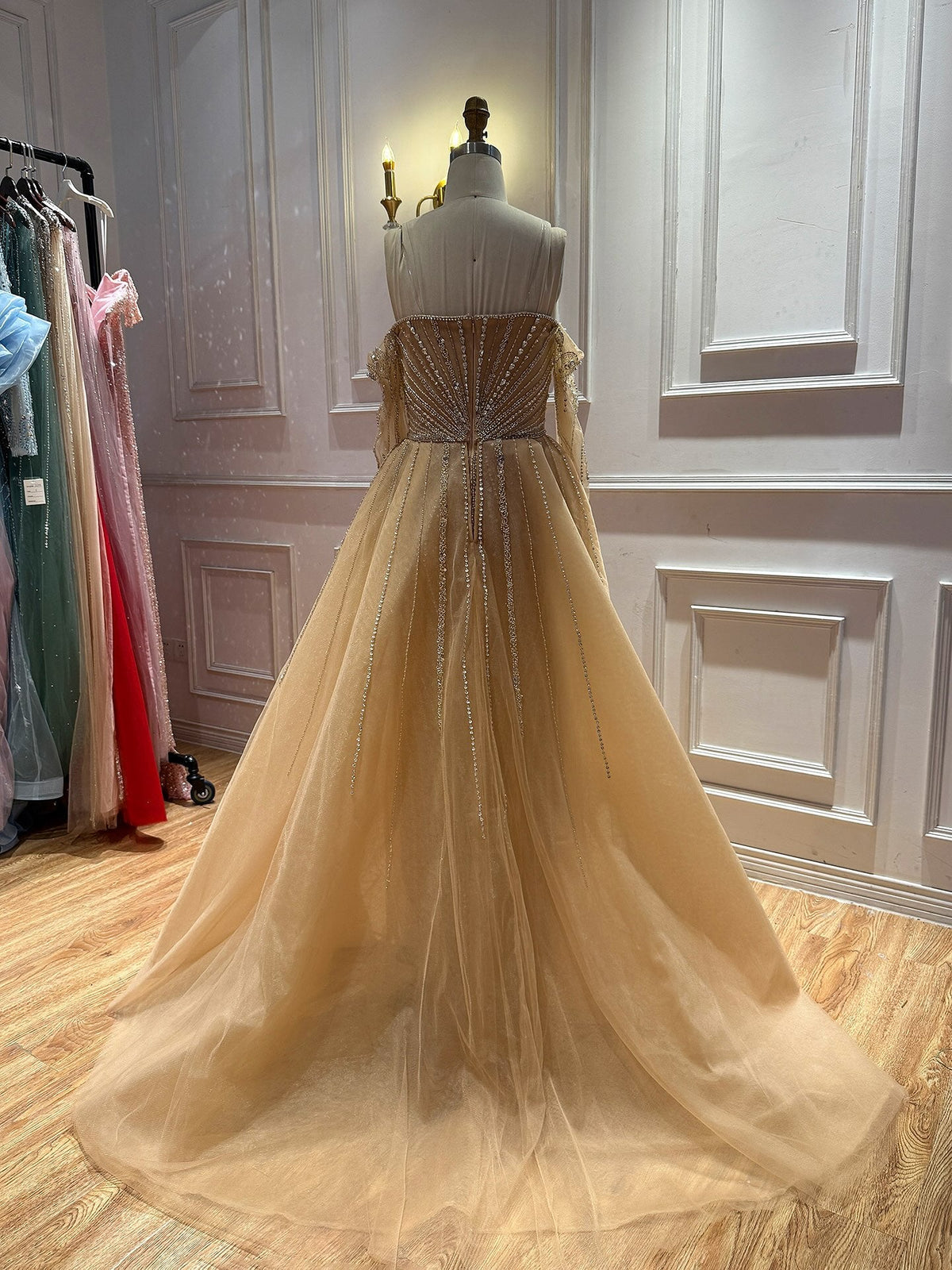 Luxury Nude Beaded Off Shoulder Mermaid Evening Gown LA73982