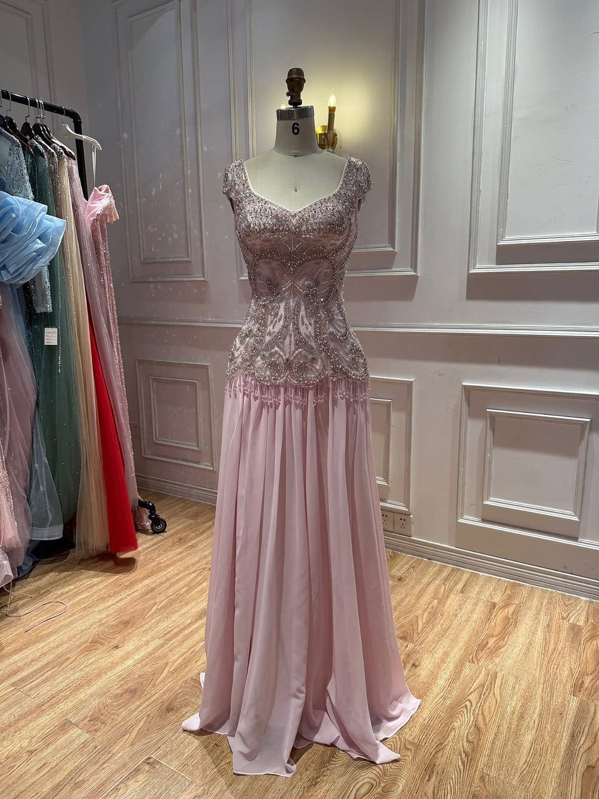 Luxury Pink Beaded Lace Up Back A Line Chiffon Dress LA73983
