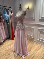 Luxury Pink Beaded Lace Up Back A Line Chiffon Dress LA73983