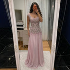 Luxury Pink Beaded Lace Up Back A Line Chiffon Dress LA73983