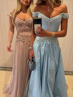 Blue Crystal Beaded Off Shoulder A Line Evening Dress LA73988