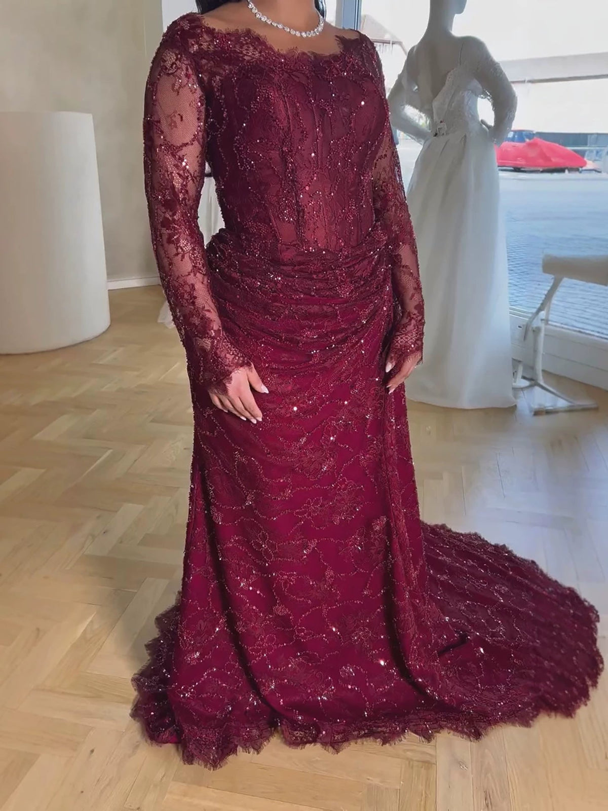 Glamorous Wine Red Beaded Lace Ruched Mermaid Dress LA73991