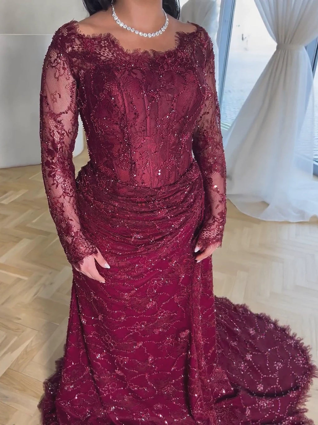 Glamorous Wine Red Beaded Lace Ruched Mermaid Dress LA73991