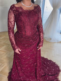 Glamorous Wine Red Beaded Lace Ruched Mermaid Dress LA73991