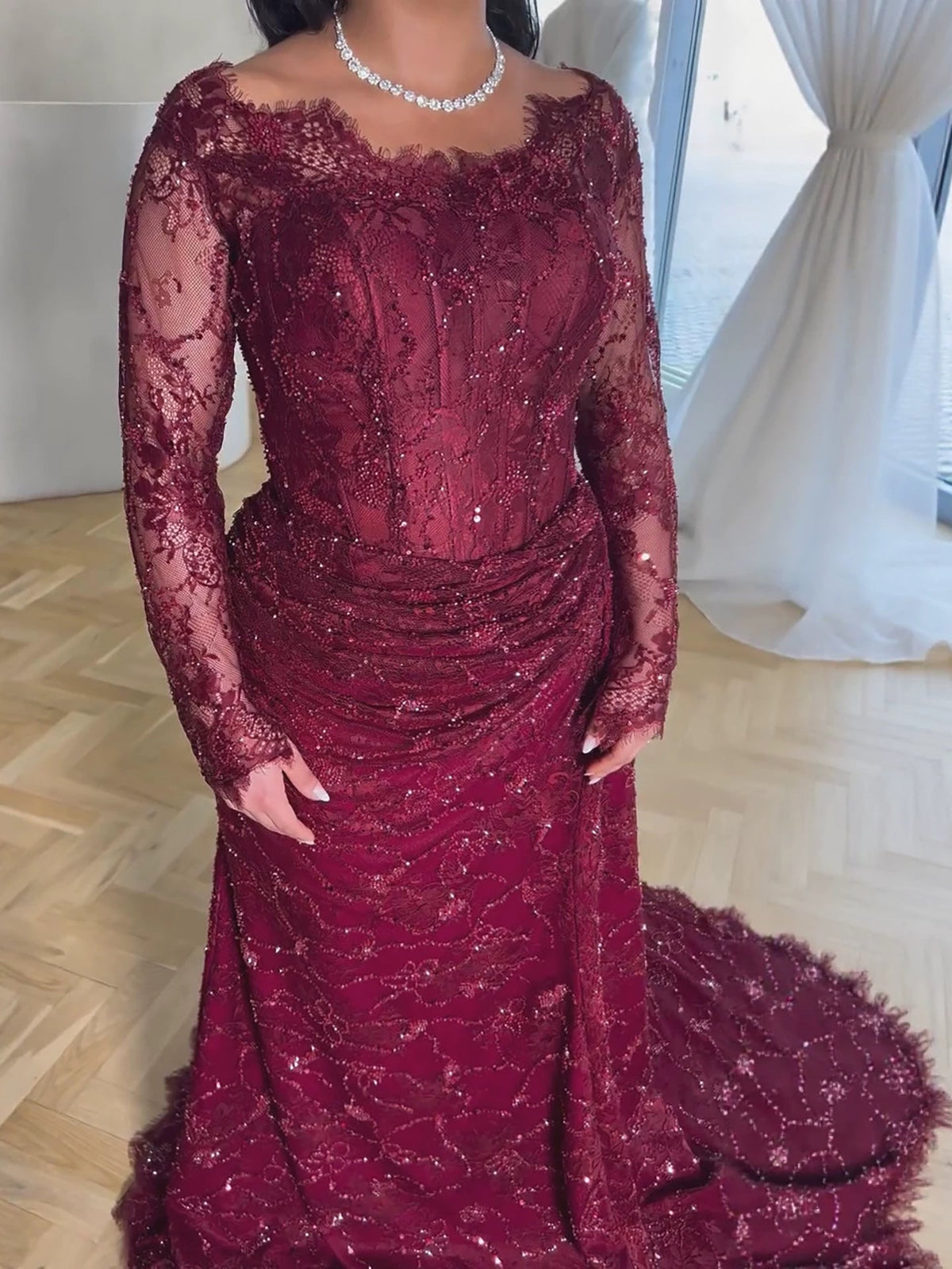 Glamorous Wine Red Beaded Lace Ruched Mermaid Dress LA73991