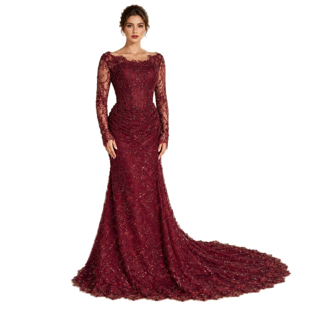 Glamorous Wine Red Beaded Lace Ruched Mermaid Dress LA73991