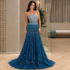 Elegant Green Pearl Beaded Strapless A Line Evening Dress LA73992