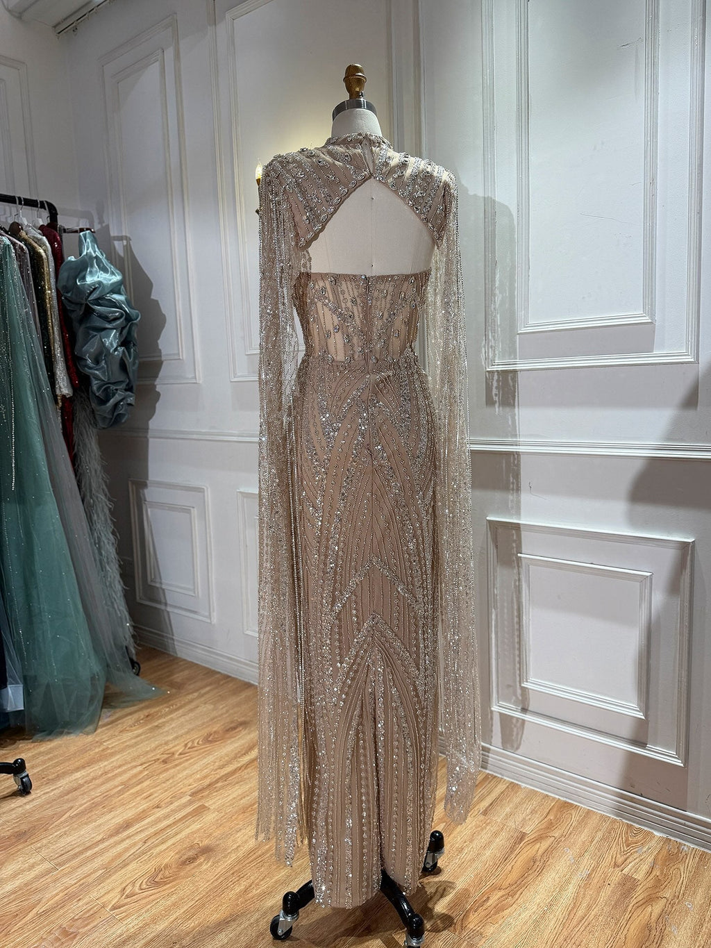 Nude Crystal Beaded Tassel Cape Sleeve Mermaid Evening Dress LA73993