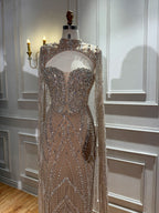 Nude Crystal Beaded Tassel Cape Sleeve Mermaid Evening Dress LA73993