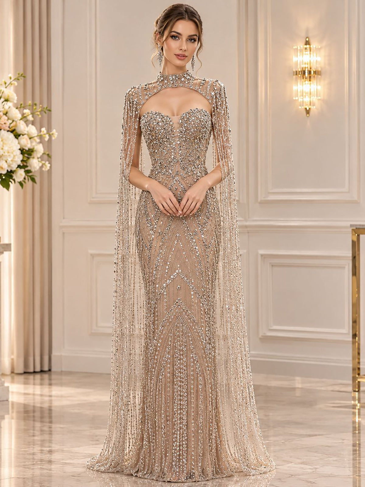 Nude Crystal Beaded Tassel Cape Sleeve Mermaid Evening Dress LA73993