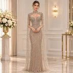 Nude Crystal Beaded Tassel Cape Sleeve Mermaid Evening Dress LA73993