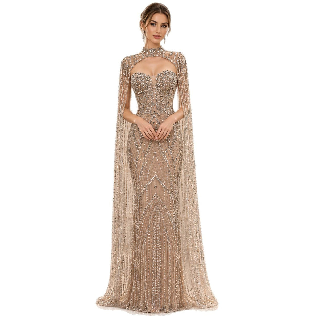 Nude Crystal Beaded Tassel Cape Sleeve Mermaid Evening Dress LA73993