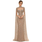 Nude Crystal Beaded Tassel Cape Sleeve Mermaid Evening Dress LA73993