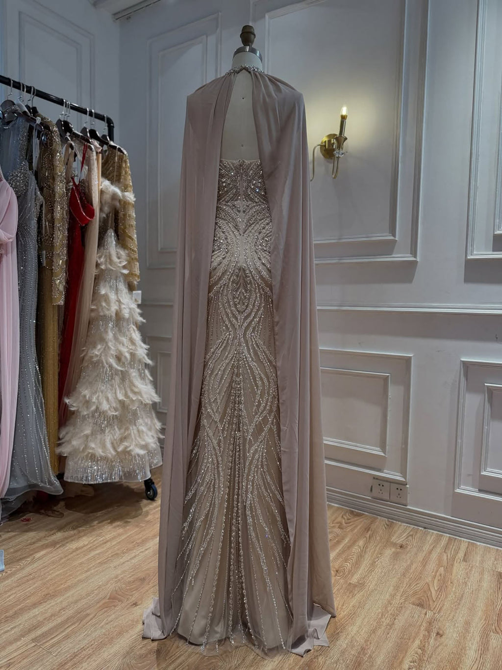 Luxury Nude Beaded Mermaid Evening Dress with Cape Sleeves LA77256