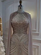 Luxury Nude Beaded Mermaid Evening Dress with Cape Sleeves LA77256