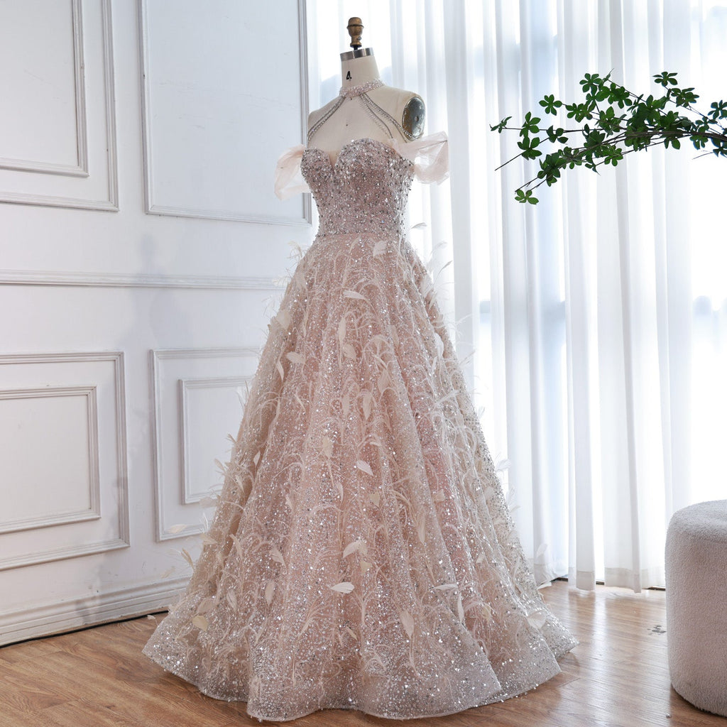 Light Pink Luxury Beaded Feathers Ball Gown Evening Dresses Off Shoulder Women Birthday Party Wedding Occasion Engagement CLA73585