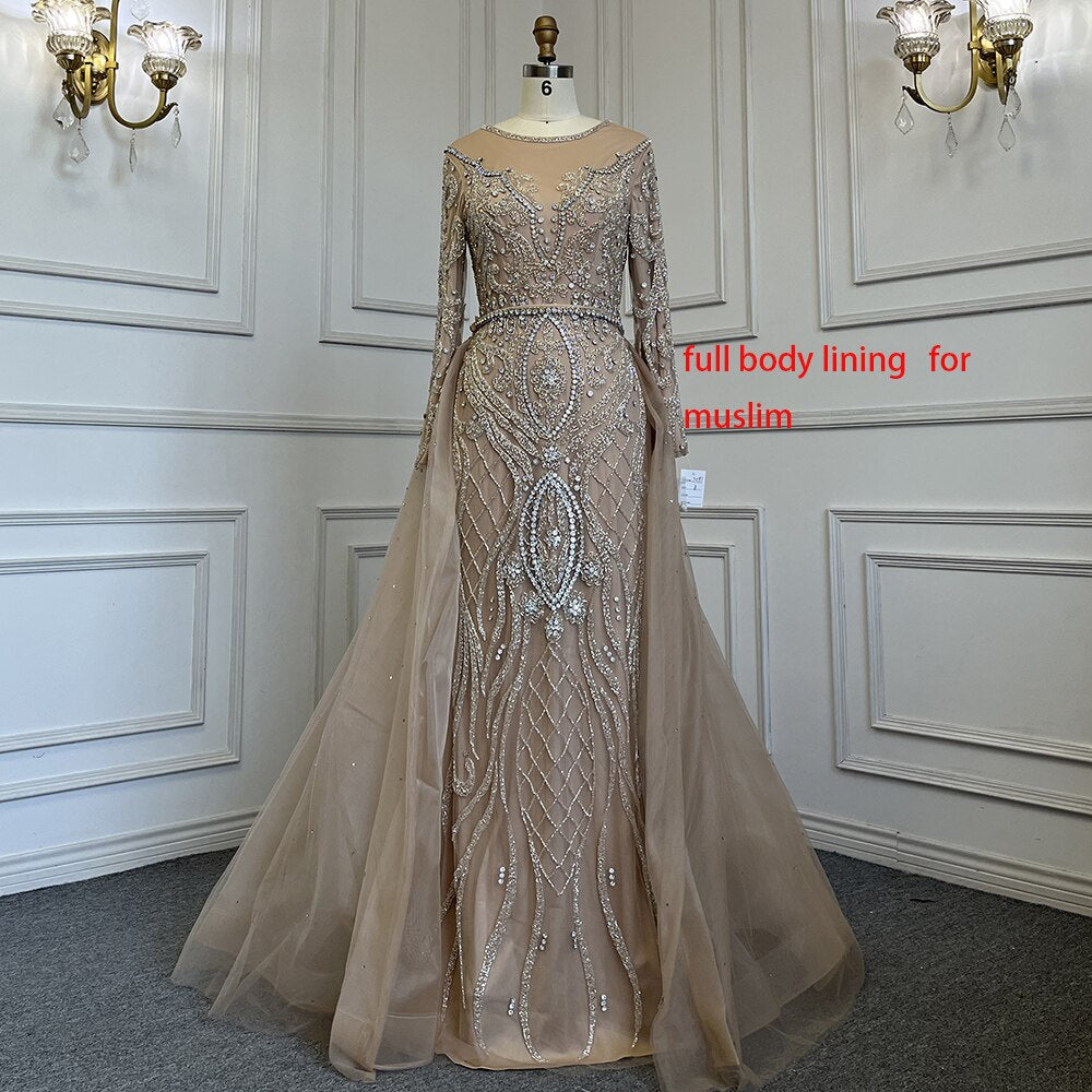 SERENE HILL  Luxury Muslim Nude Beaded Mermaid Evening Dress With Overskirt CLA71597
