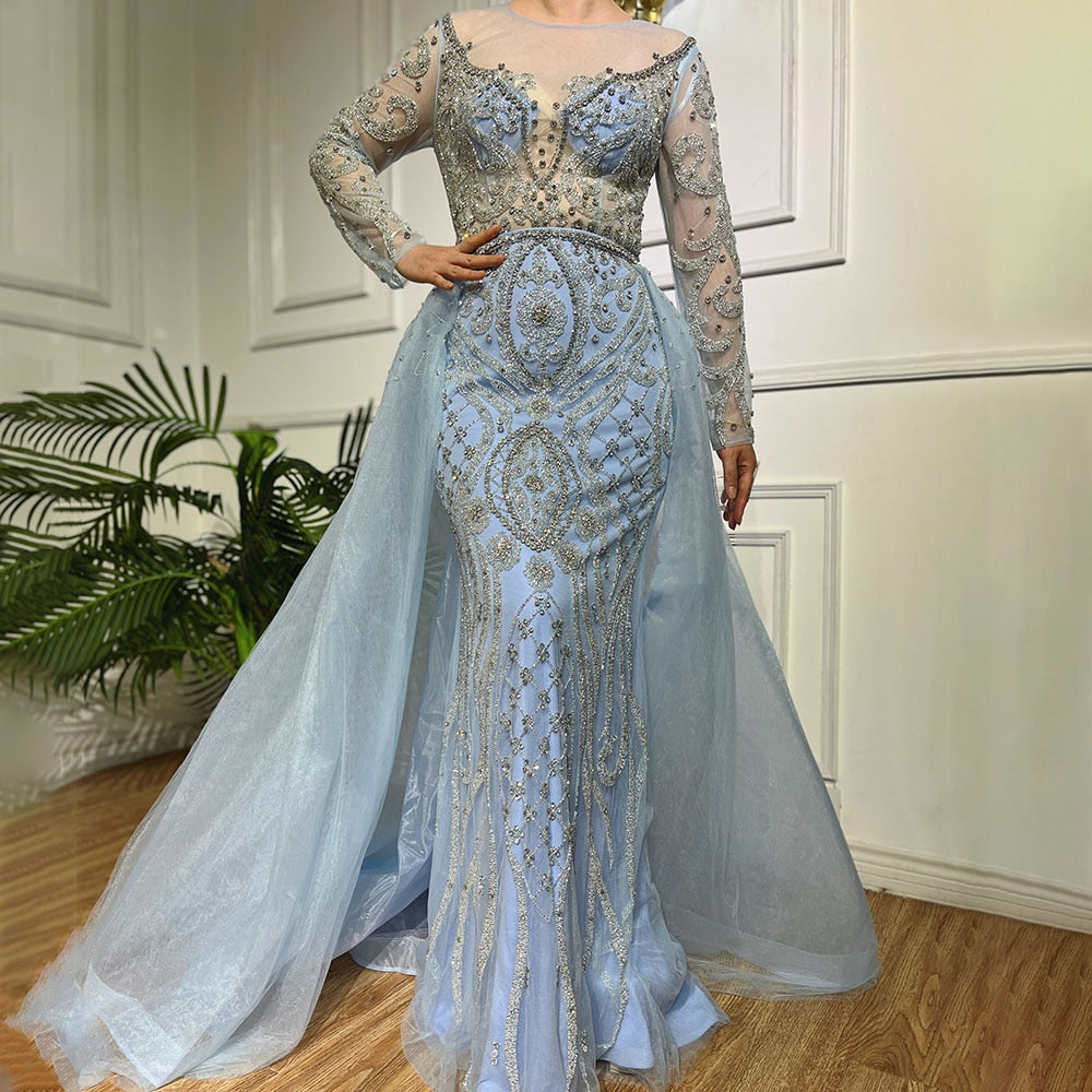 SERENE HILL  Luxury Muslim Nude Beaded Mermaid Evening Dress With Overskirt CLA71597
