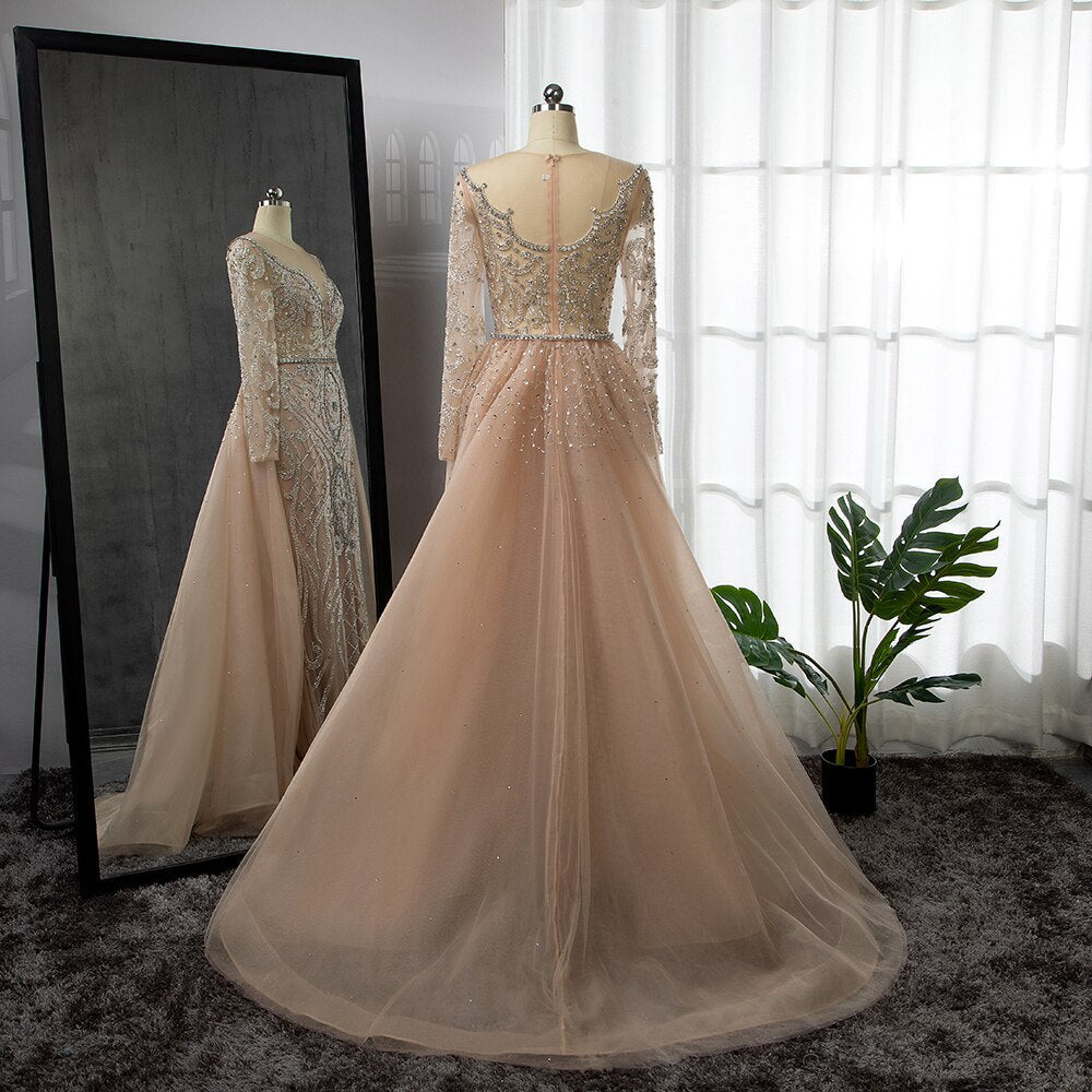 SERENE HILL  Luxury Muslim Nude Beaded Mermaid Evening Dress With Overskirt CLA71597