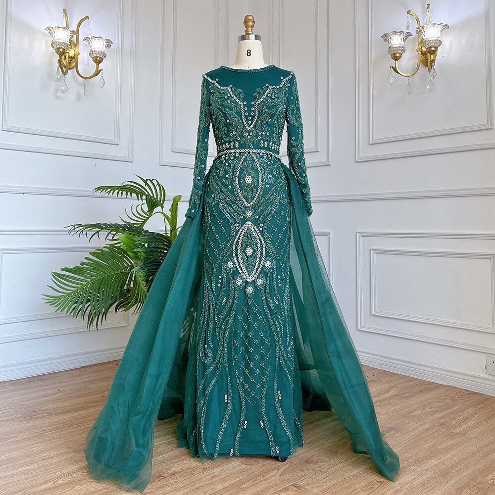 SERENE HILL  Luxury Muslim Nude Beaded Mermaid Evening Dress With Overskirt CLA71597