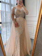 SERENE HILL  Luxury Muslim Nude Beaded Mermaid Evening Dress With Overskirt CLA71597