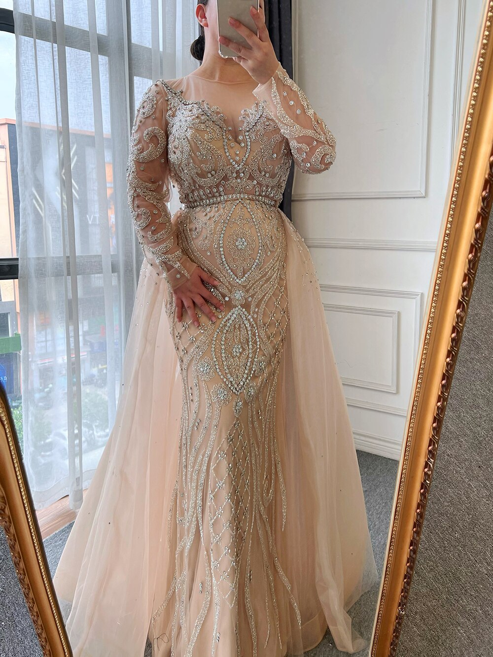 SERENE HILL  Luxury Muslim Nude Beaded Mermaid Evening Dress With Overskirt CLA71597