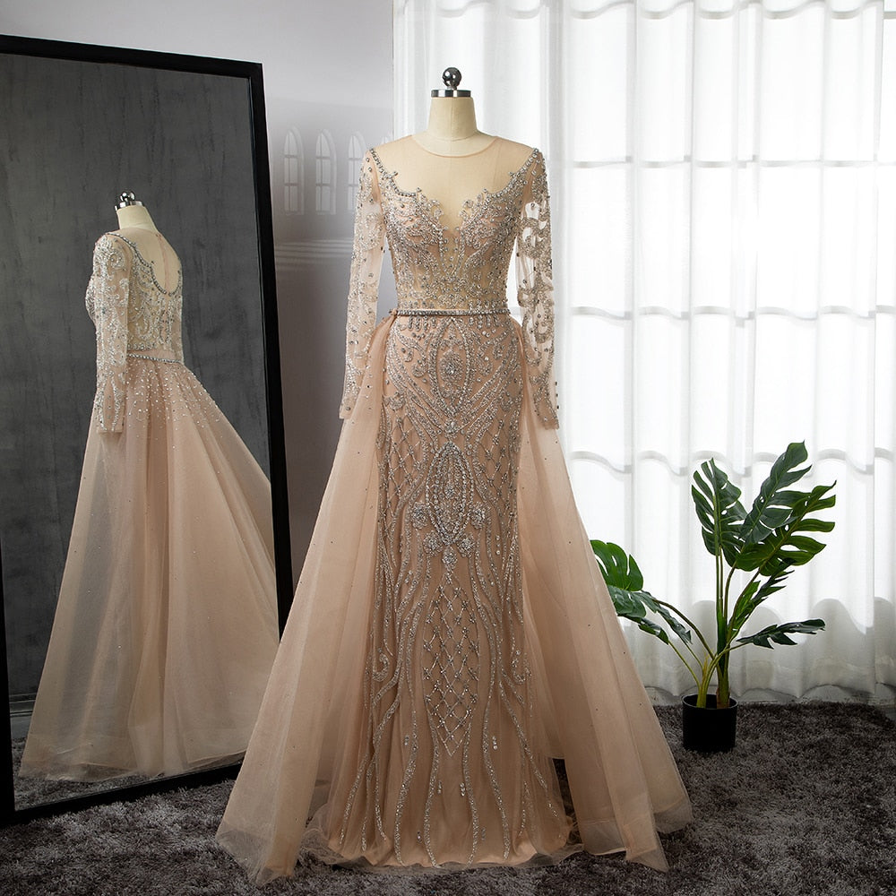 SERENE HILL  Luxury Muslim Nude Beaded Mermaid Evening Dress With Overskirt CLA71597