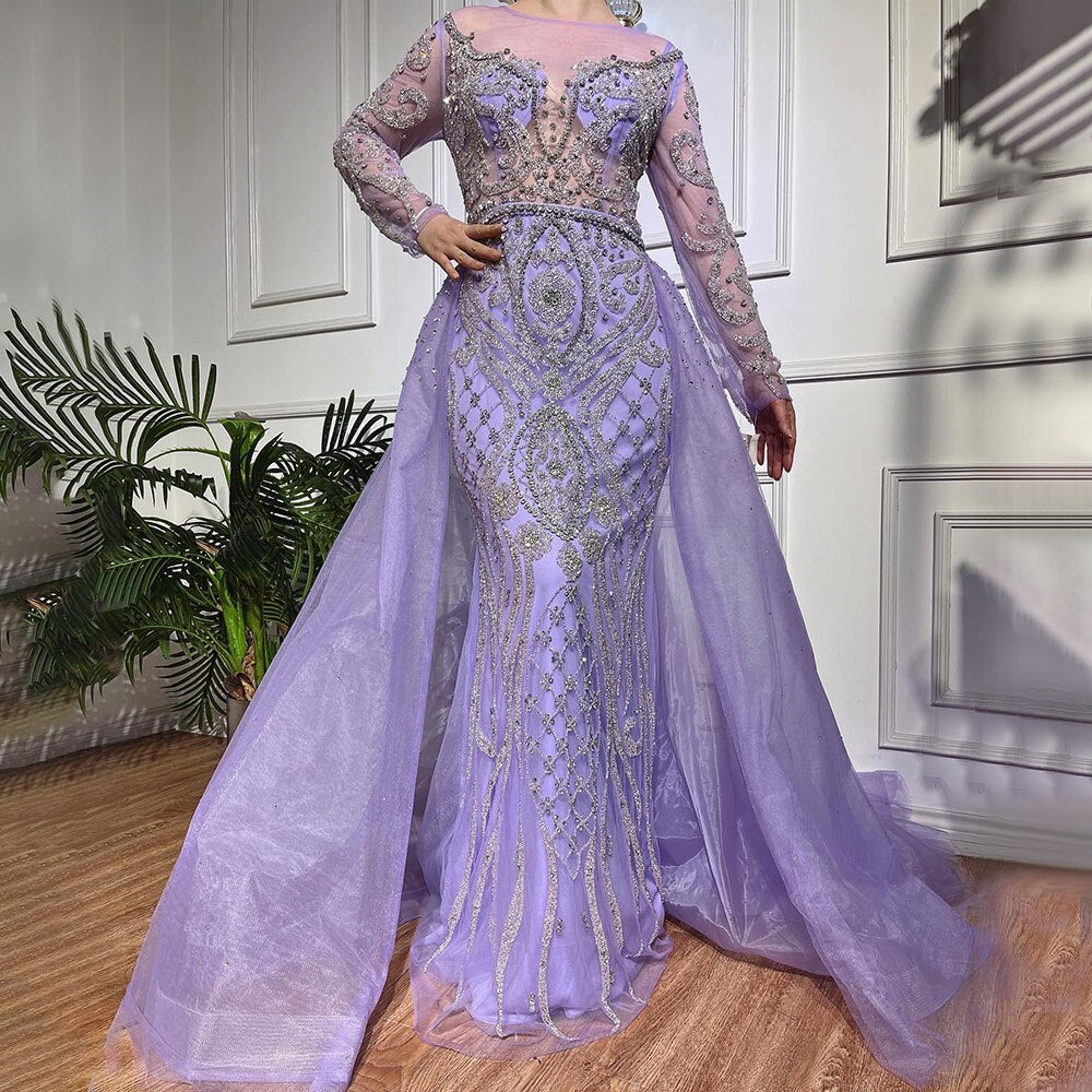 SERENE HILL  Luxury Muslim Nude Beaded Mermaid Evening Dress With Overskirt CLA71597
