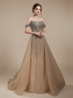 Nude Luxury Beaded Off Shoulder Elegant Mermaid With Overskirt Evening Dress Wedding Afterparty Gown