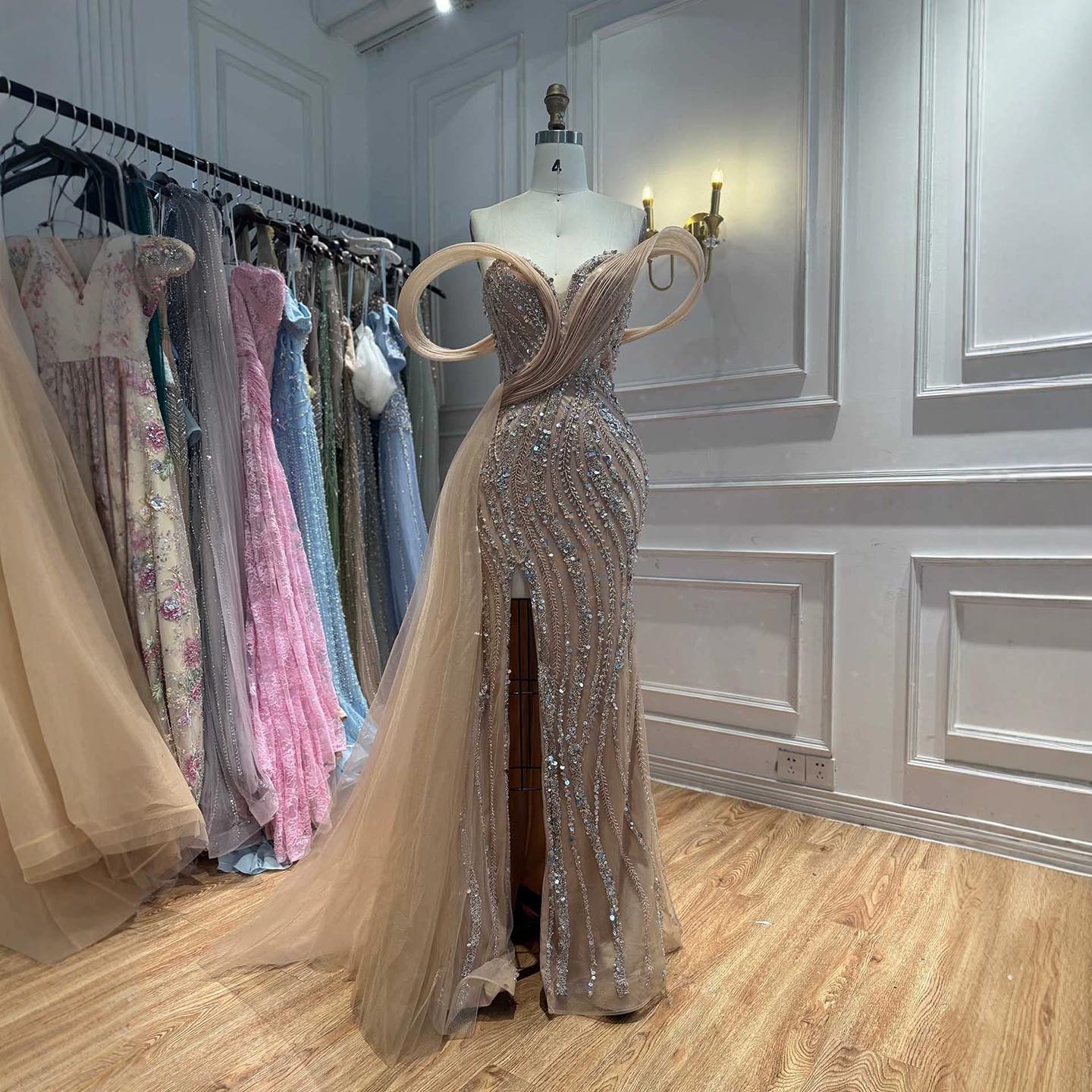 Luxury Nude Sequin Beaded Mermaid Dress With High Slit LA73425B