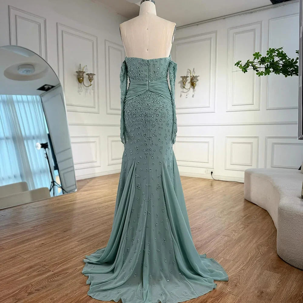 Luxury Turquoise Beaded Evening Dress With Gloves CLA72933